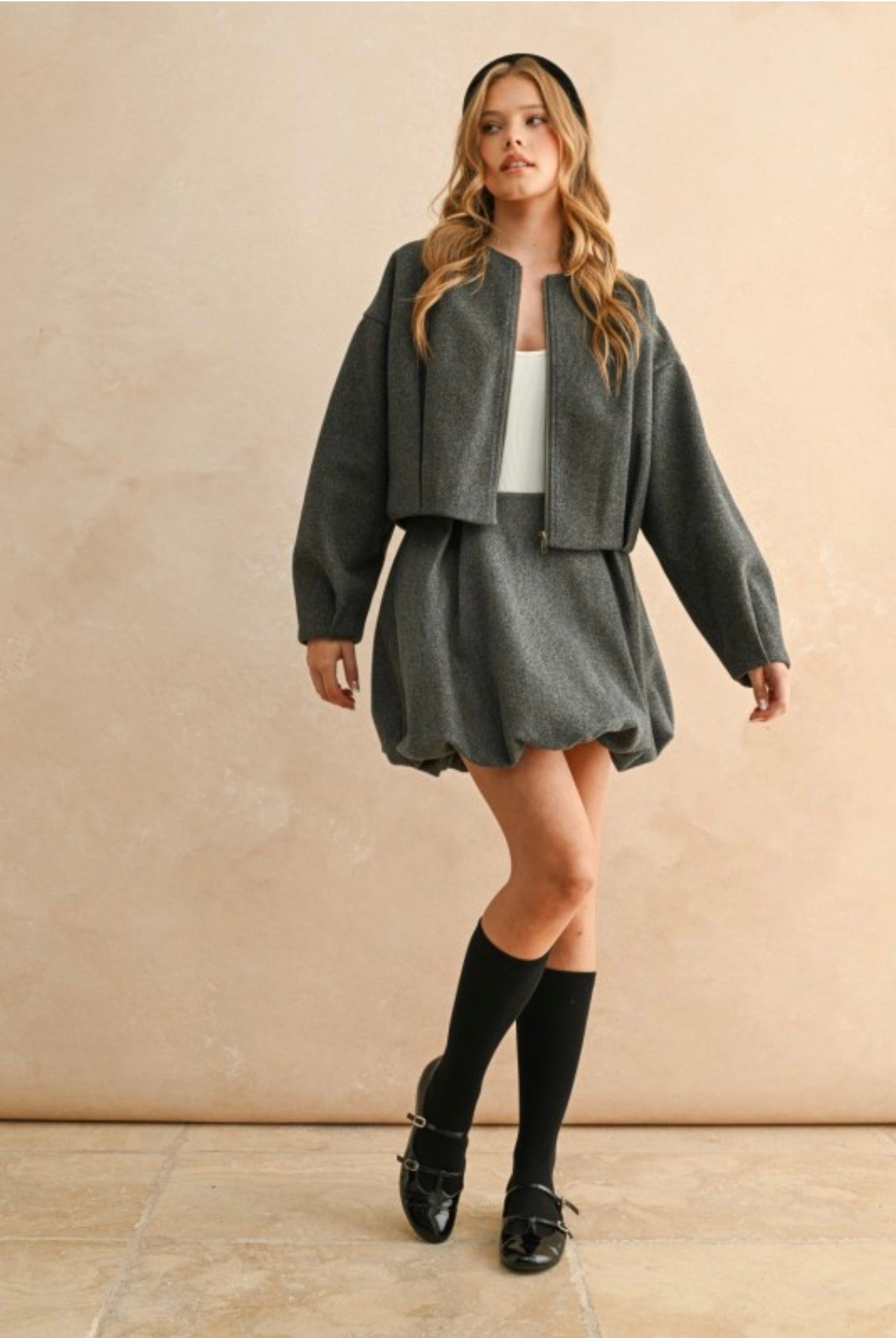 GREY BALLOON JACKET AND SKIRT SET