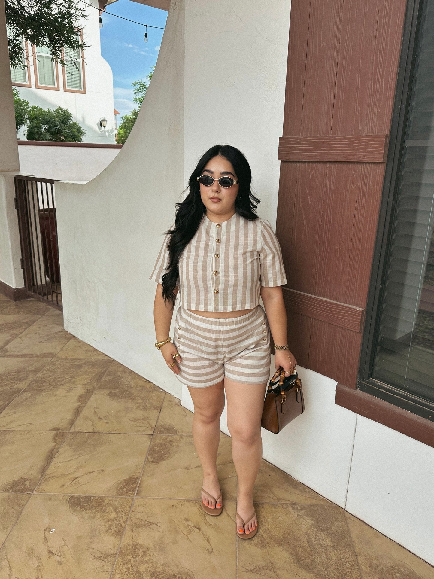 STRIPPED BUTTON UP SHORTS SET