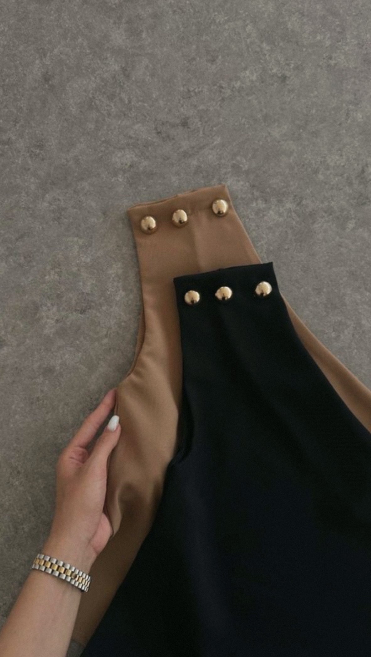 CAMEL OFF THE SHOULDER TOP WITH GOLD BUTTONS