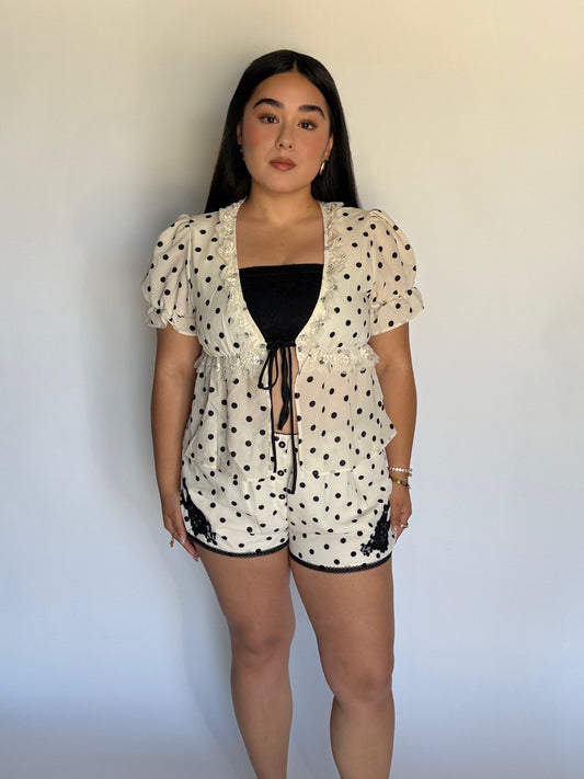 CREAM/BLACK POLKA DOT SHORT SET