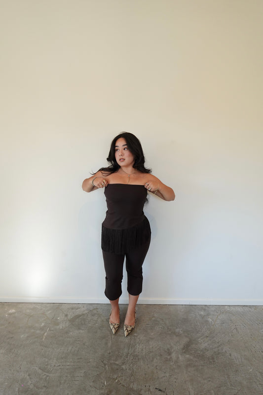 WOVEN FRINGE HEM TUBE TOP