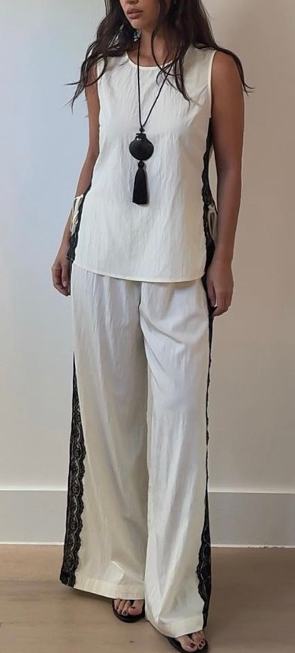 WOVEN SIDE CONTRAST LACE TRIM TOP & PANTS