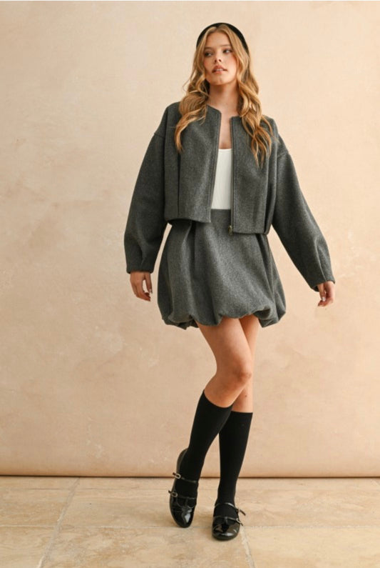 GREY BALLOON JACKET AND SKIRT SET