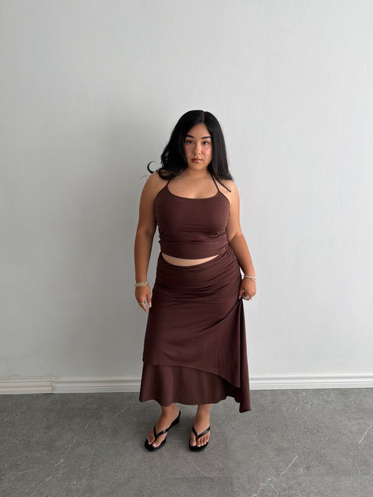 CHOCOLATE BROWN TOP  & SKIRT SET