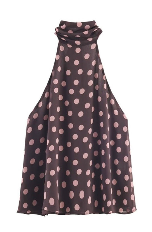 BROWN/PINK POLKA DOT HALTER TOP