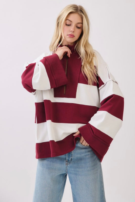 BURGUNDY/WHITE STRIPE ZIP PULLOVER