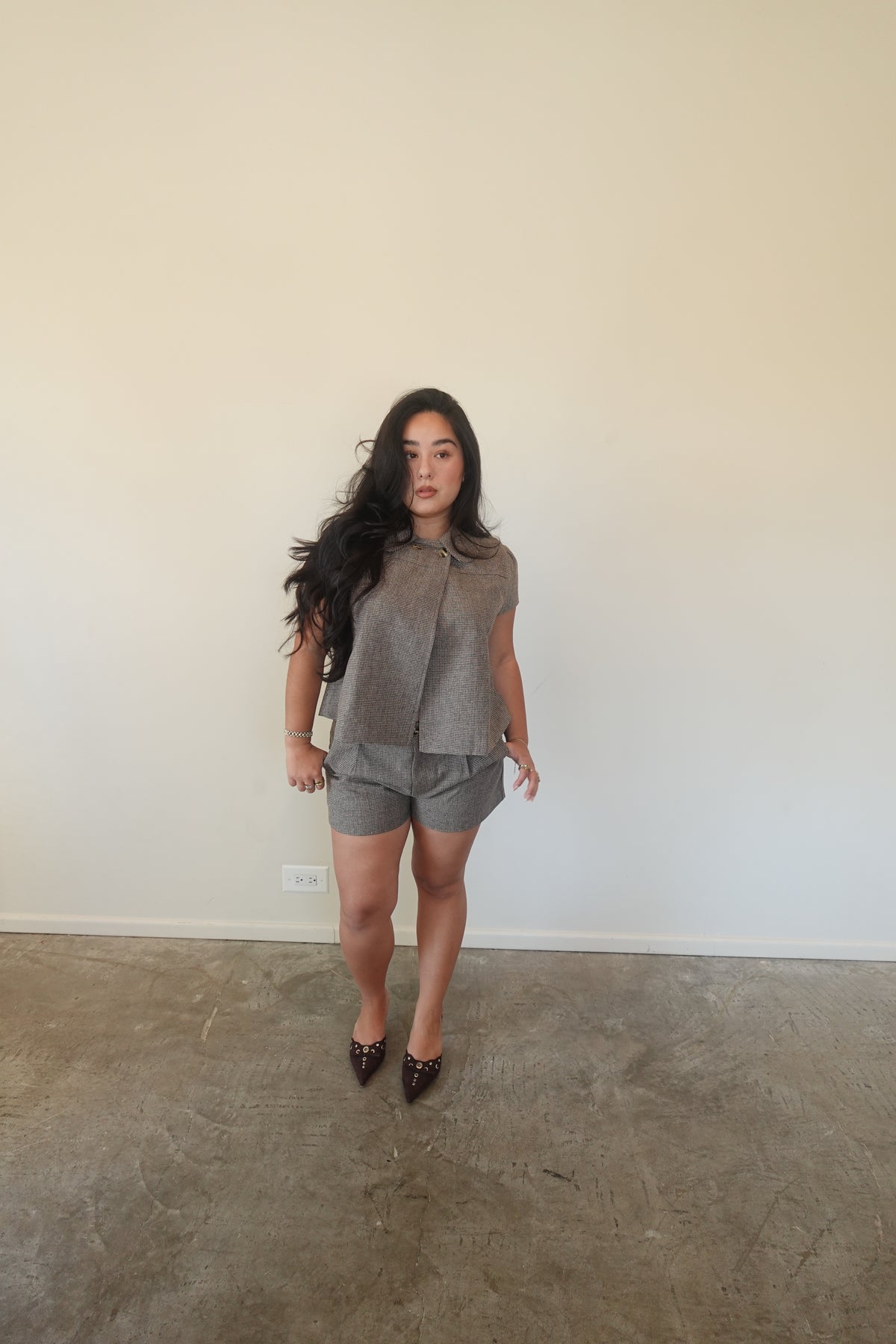 BROWN HOUNDTOOTH TOP AND SHORT SET