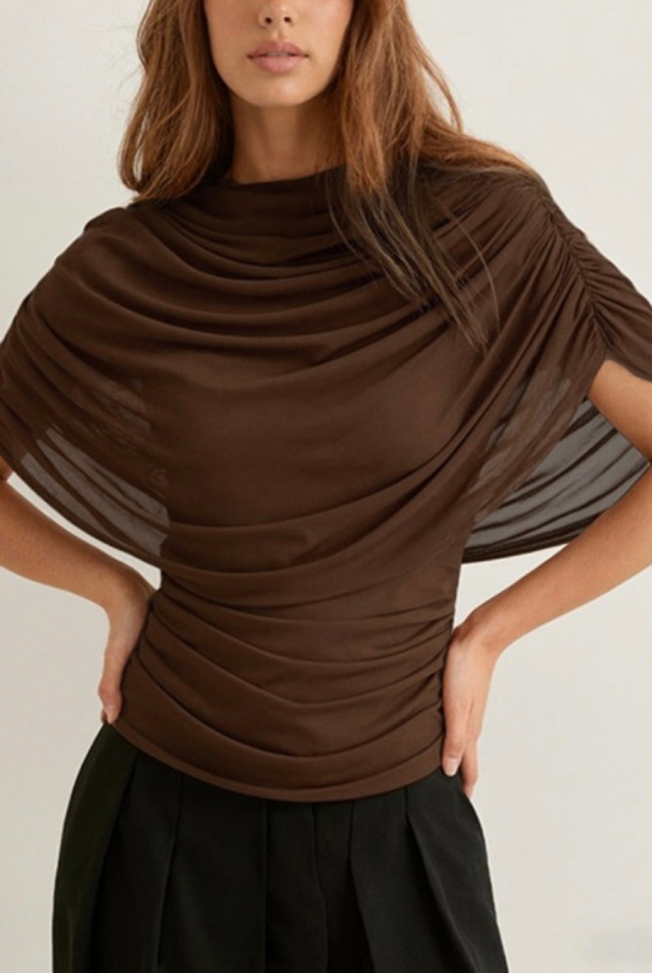 BROWN SHEER CAPE TOP