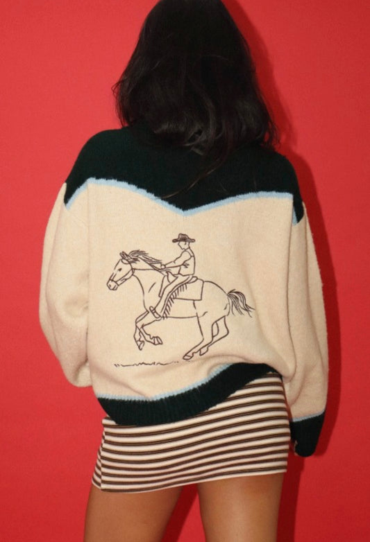 RODEO EMBROIDERED GRAPHIC ZIP CARDIGAN