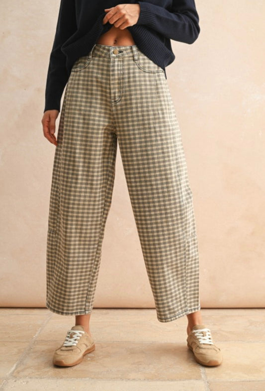 TAN/BROWN PLAID BARREL JEAN