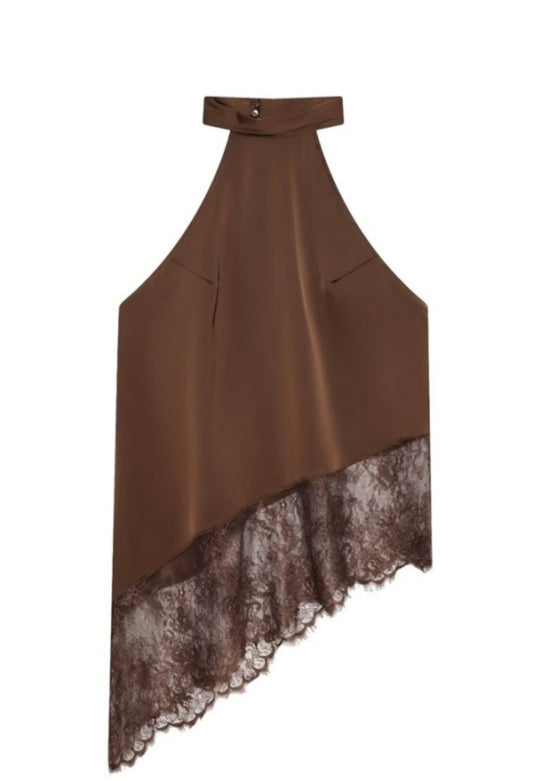 ASYMMETRIC LACE TOP - BROWN