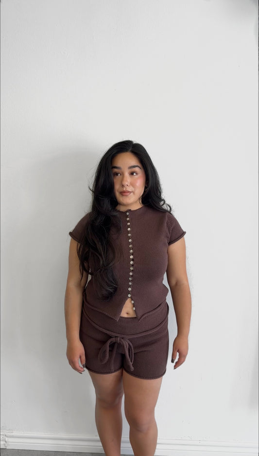 BROWN CROCHET KNIT TOP AND SHORTS