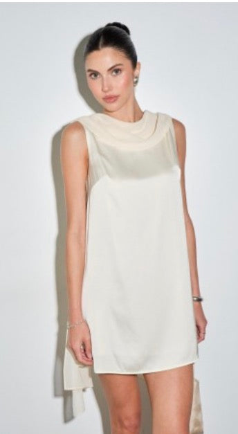 CREAM SATIN NECK DRAPE MINI DRESS