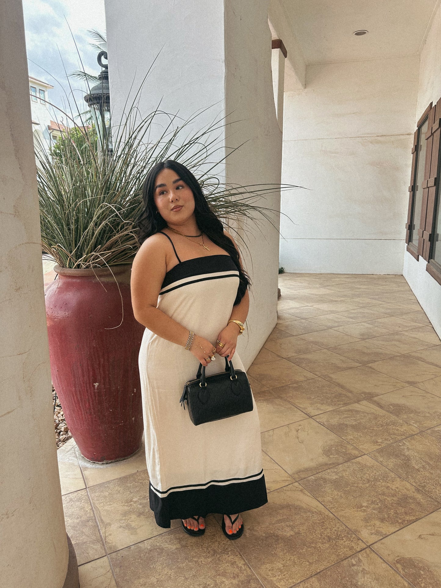 BLACK/CREAM CONTRAST MIDI DRESS